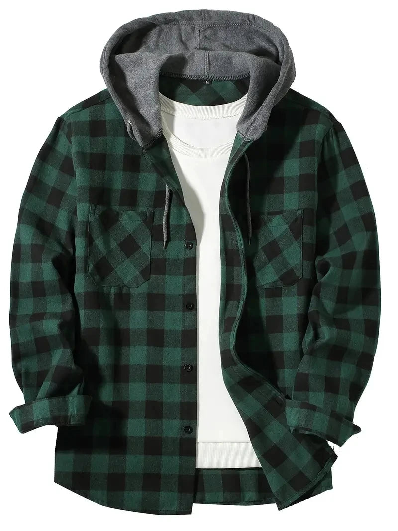 Youth Fashion Street Hooded Plaid Shirt Men's Slim Fit