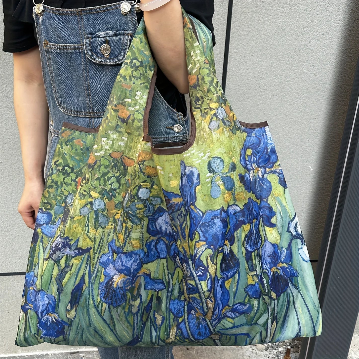 Large Foldable Shopping Bag New Fashion featuring a vibrant floral design with blue irises.