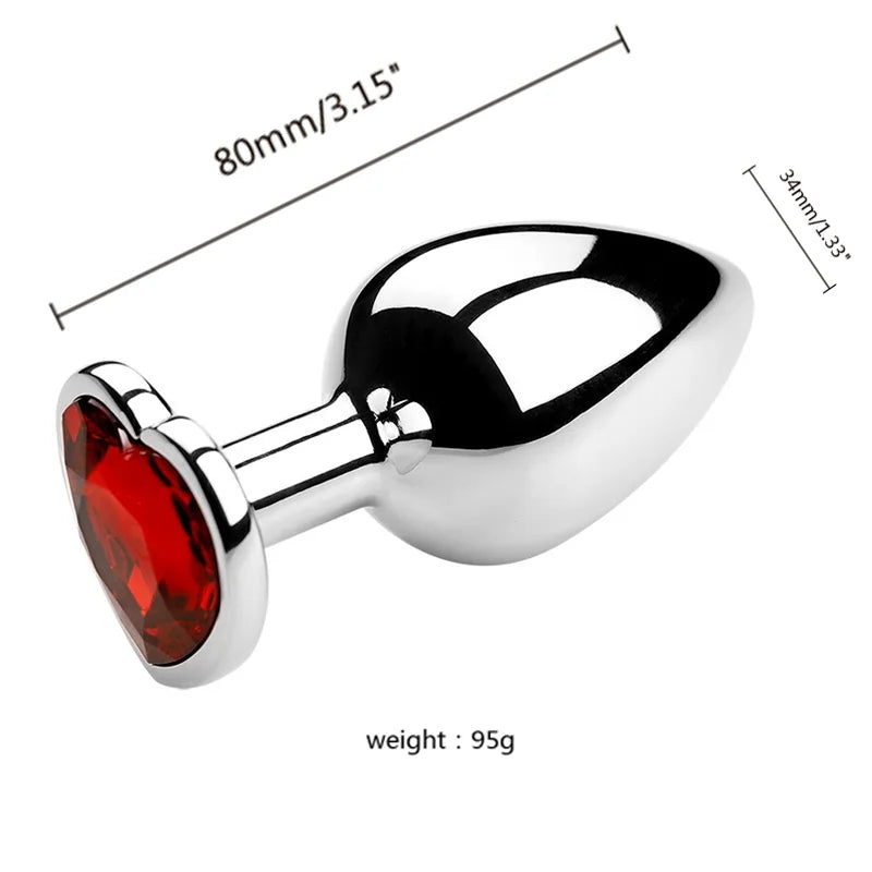 3PCS S/M/L Metal Anal Plug Butt Plug with a red gemstone, 80mm length, 95g weight.