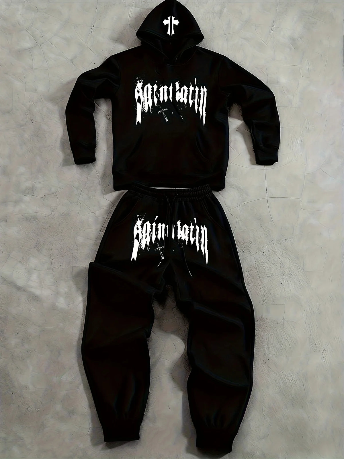 2Pcs Fleece Hoodie Suit Art Graphic Letter Print