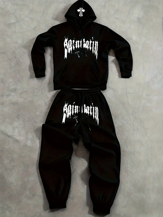 2Pcs Fleece Hoodie Suit Art Graphic Letter Print