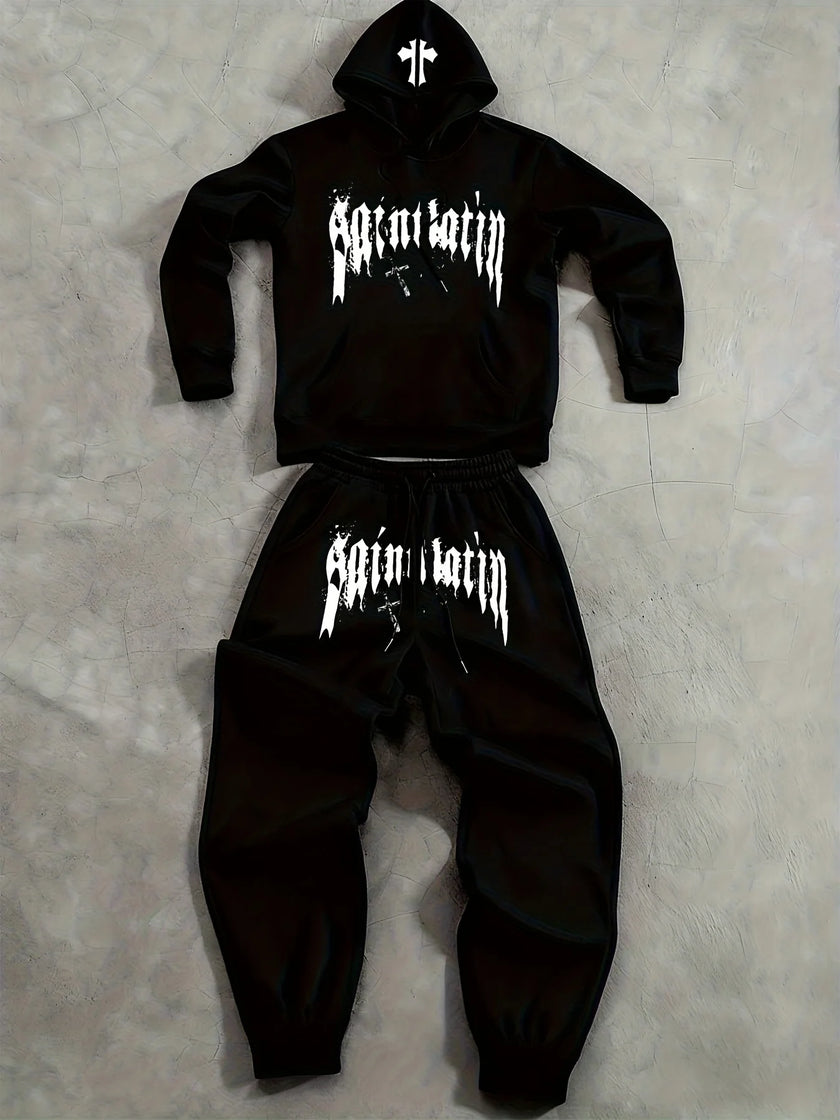2Pcs Fleece Hoodie Suit Art Graphic Letter Print