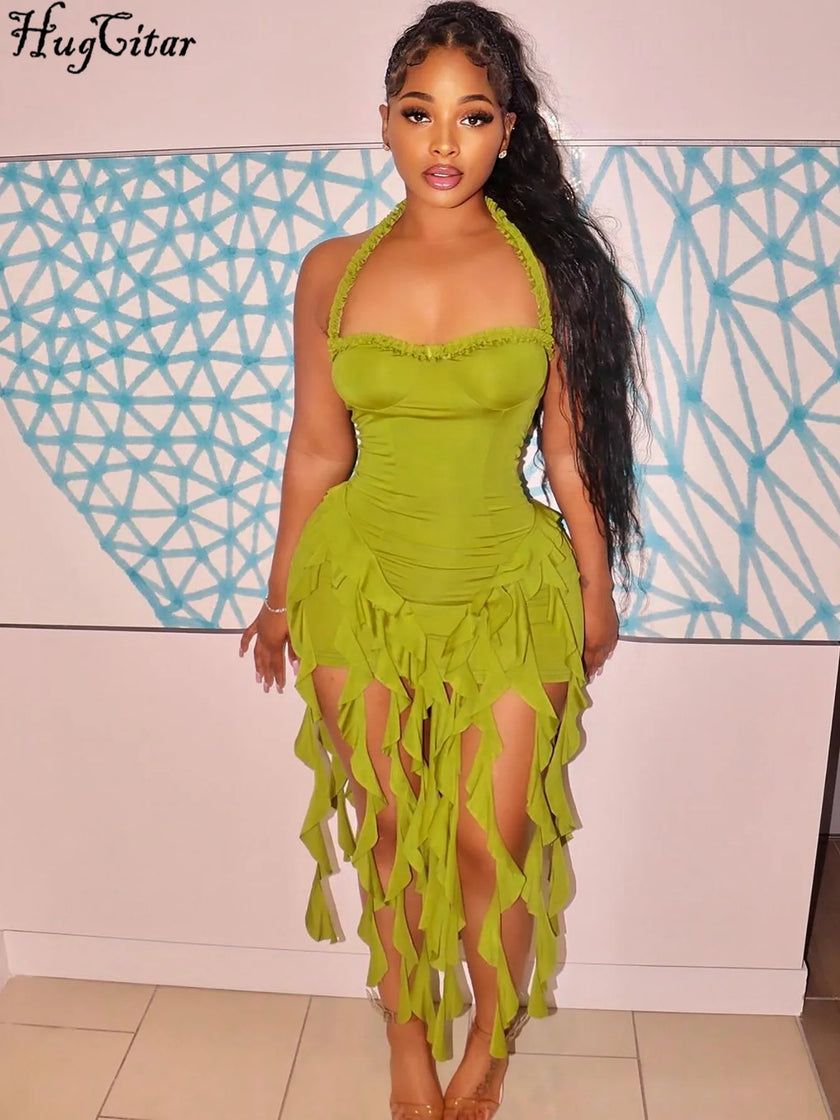 Hugcitar Elegant Halter Solid Ruffles Dress