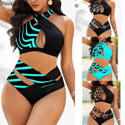 New 2024 Women Sexy Stripe Swimsuit High Waist Leopard Print Bikini Set Two Pieces Tankinis Female Summer Swimwear Plus Size 5XL - IM PERKY Boutique