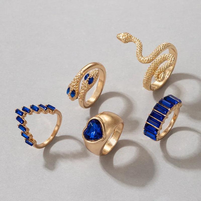 HNSP Vintage Long Snake Ring Set For Women Gothic Black Gold Silver Color Adjustable Finger Jewelry Accessories Female Gift