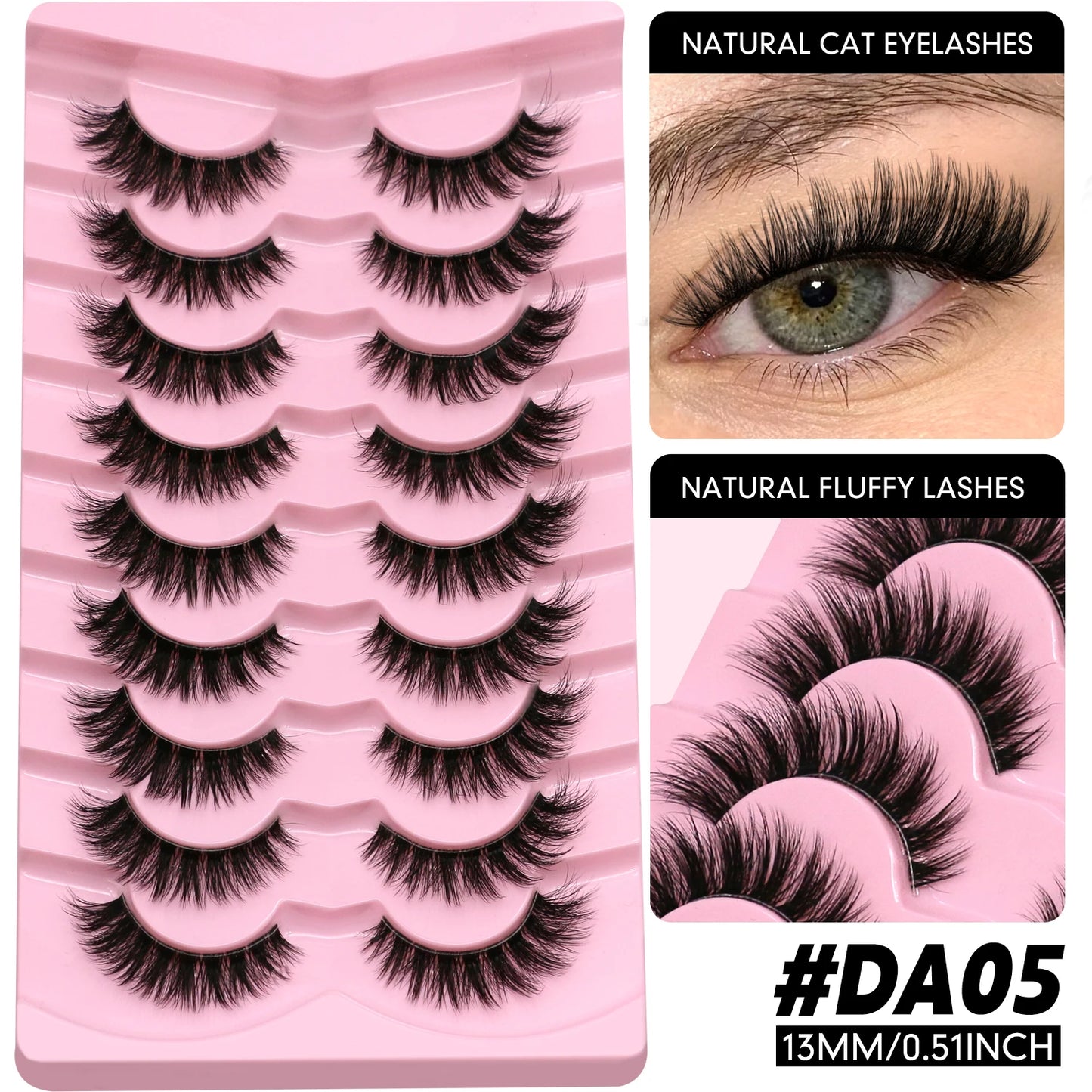 LASVIREY Fluffy Cat Eye Lashes Natural Mink displayed in a pink tray, showcasing various styles and lengths.