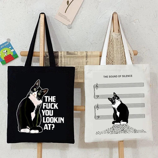 New Cat Series Women Tote Bags Cute Cow Cat Print Canvas Eco Handbag