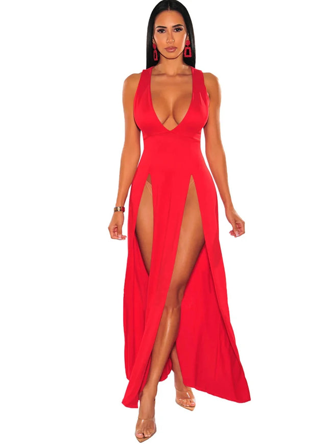 Sexy Deep V Neck High Split Bodycon Cocktail Party Maxi Dress