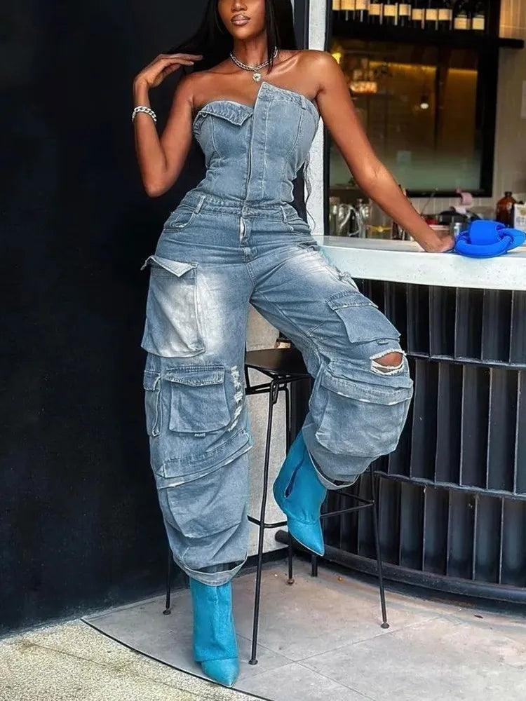 TWOTWINSTYLE Solid Patchwork Pocket Casual Denim Jumpsuits