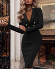 Sexy Deep V-neck Long-sleeved Slim Dress For Women Autumn Winter Fashion Solid Color Office Ladiy Button Hip Dresses Female