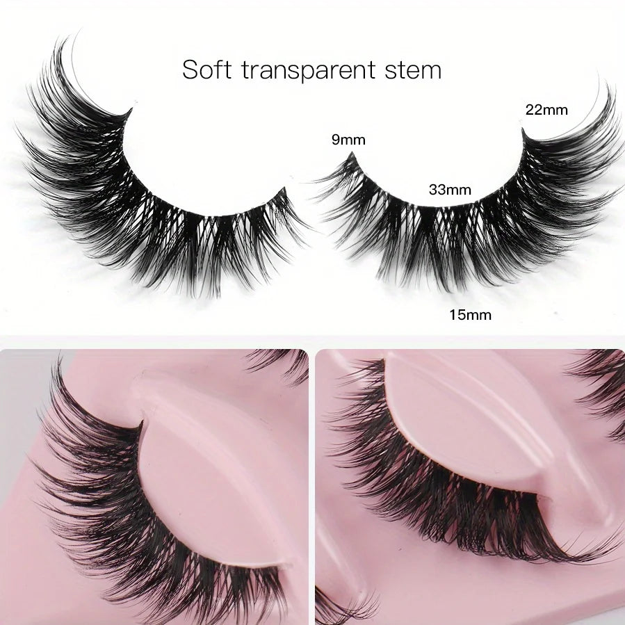 3Boxes(15Pairs) Cat Eye Lashes Fake Eyelashes with soft transparent stem and varying lengths of 9mm, 15mm, 22mm, and 33mm.