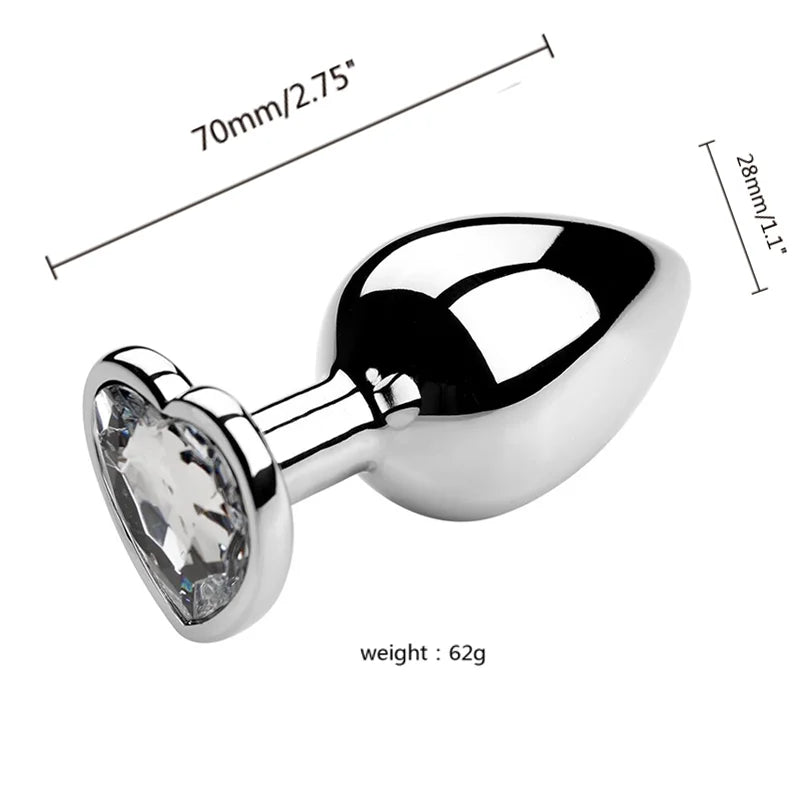 3PCS S/M/L Metal Anal Plug Butt Plug with a heart-shaped design and gem, measuring 70mm long and 28mm wide.