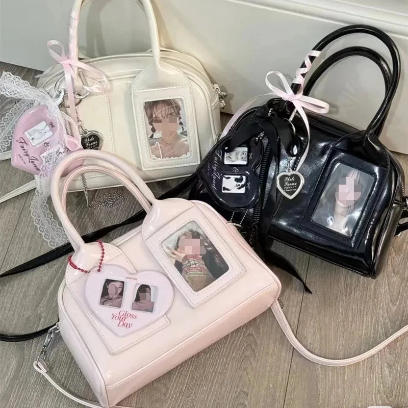 2026 New Y2K Harajuku Shoulder Bag Women in black, white, and pink with transparent photo slots.