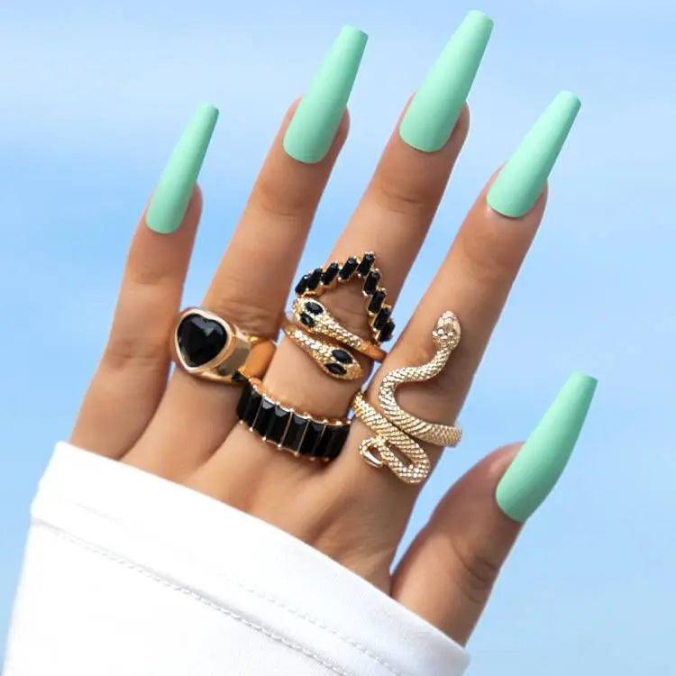 HNSP Vintage Long Snake Ring Set For Women Gothic Black Gold Silver Color Adjustable Finger Jewelry Accessories Female Gift