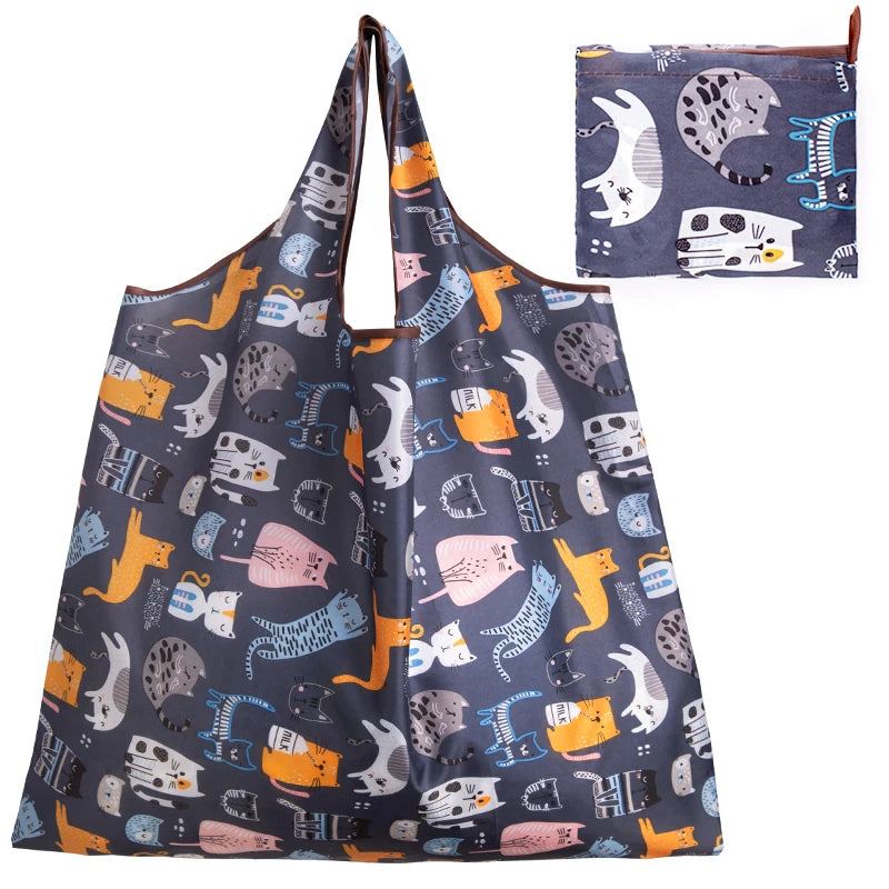 Big Size Thick Nylon Large Tote ECO Reusable with colorful cat patterns and a small foldable design.