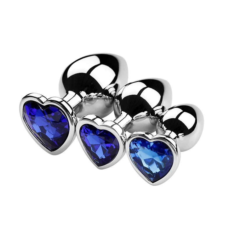 3PCS S/M/L Metal Anal Plug Butt Plug featuring heart-shaped gems in blue.