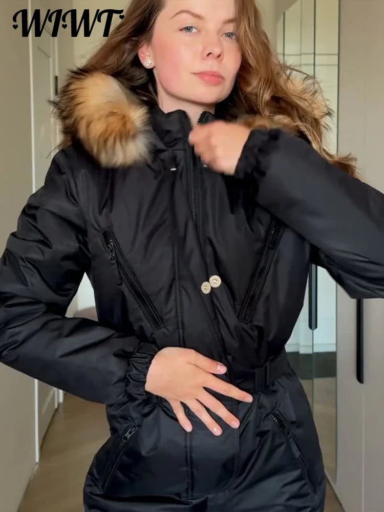Warm Hooded Fur Splicing Ski Suit Women's