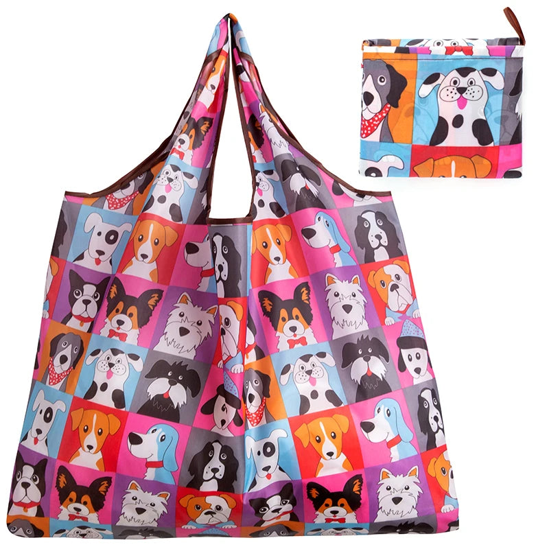 Big Size Thick Nylon Large Tote ECO Reusable bag featuring colorful dog patterns, foldable design for easy storage.