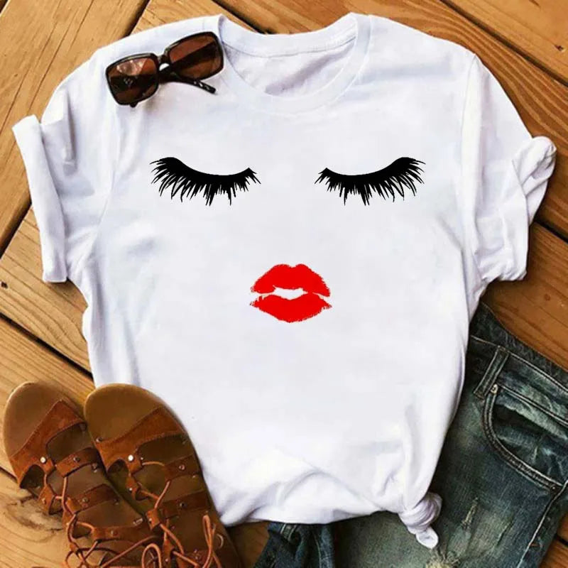 Kawaii Fashion Graphic Women Tops Eyelashes