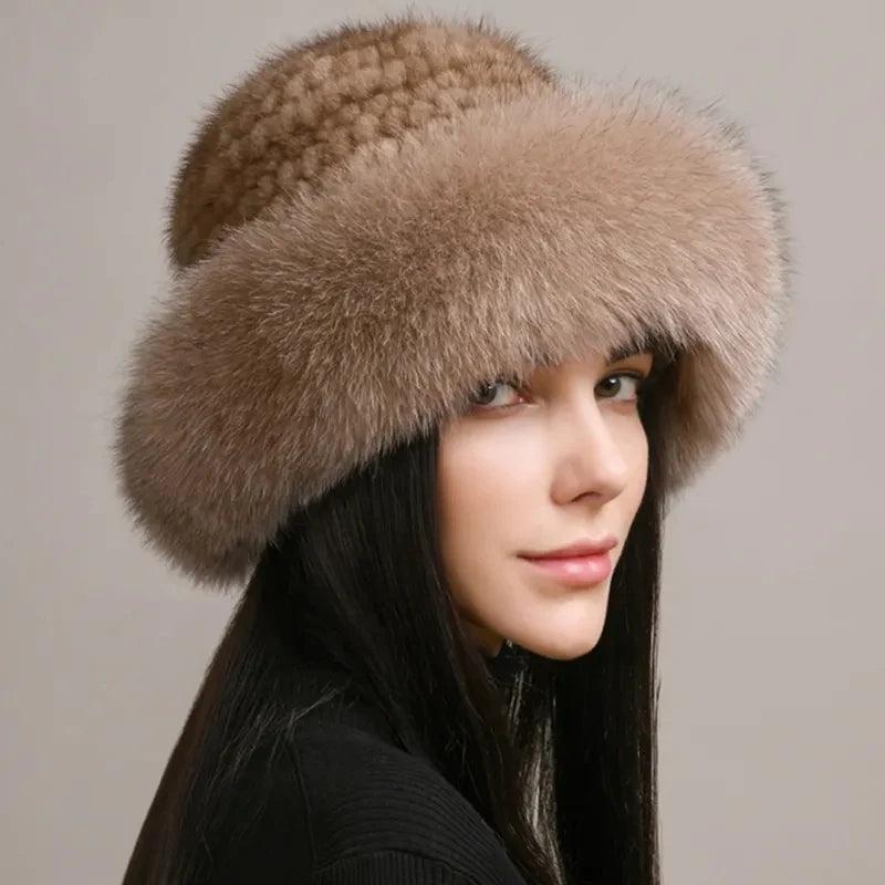 New Genuine Real Natural Knitted Mink Fur Hat Cap Luxury Women Handmade Knit Fashion Winter Headwear Warm Real Fox Fur Beanies - IM PERKY Boutique