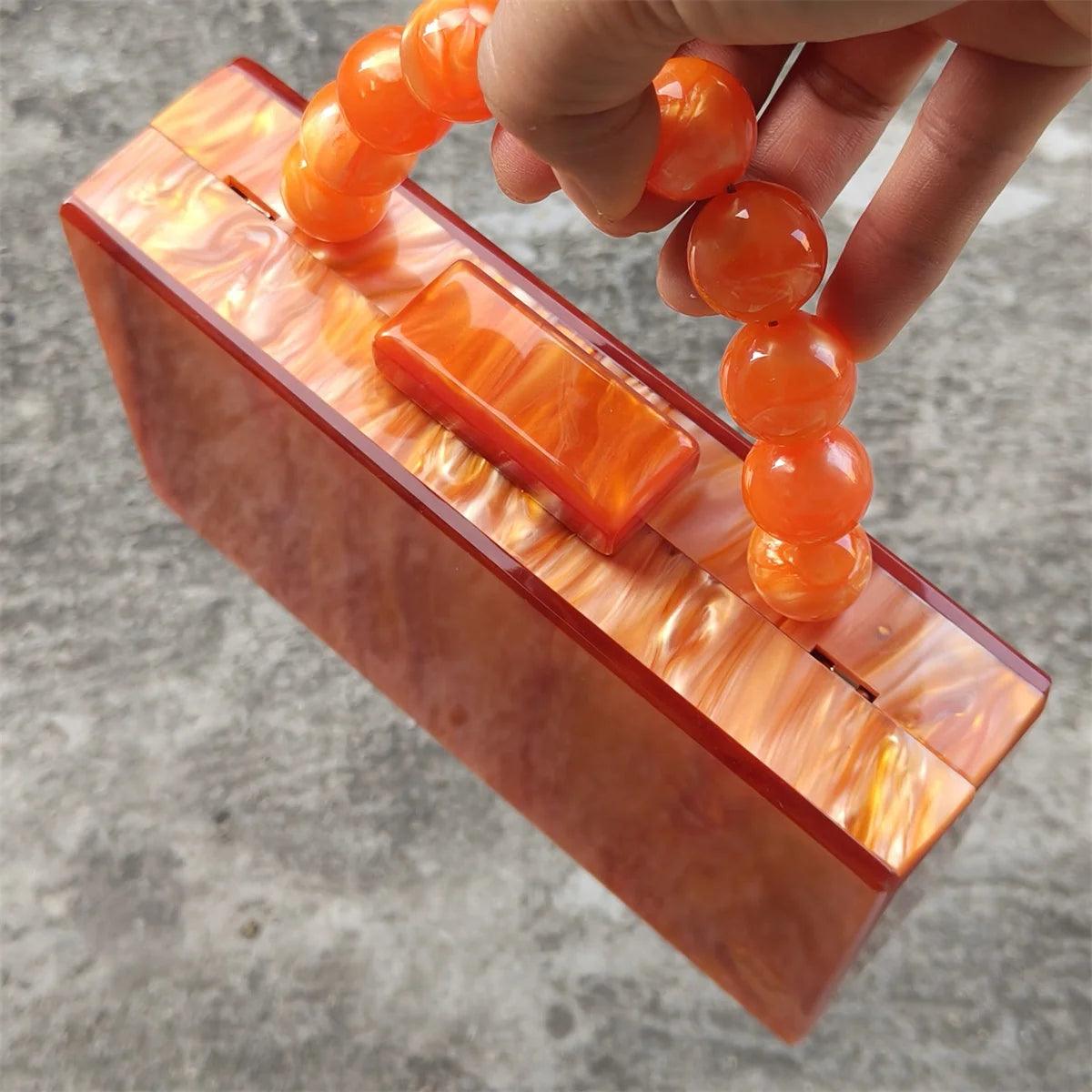 Bright Orange Marble Acrylic Box Evening Clutch Bags Women Chic And Elegant Resin Beaded Top Handle Mini Flap Purses And Handbag - IM PERKY Boutique