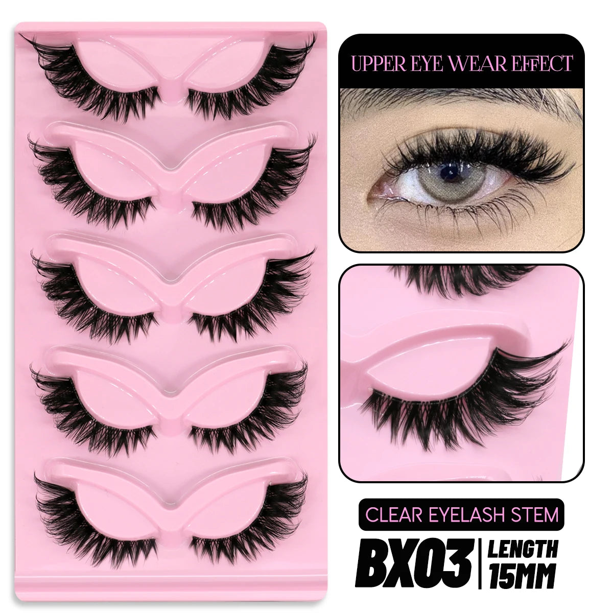 LASVIREY Fluffy Cat Eye Lashes Natural Mink displayed on a pink tray with clear eyelash stem, showcasing upper eye wear effect.