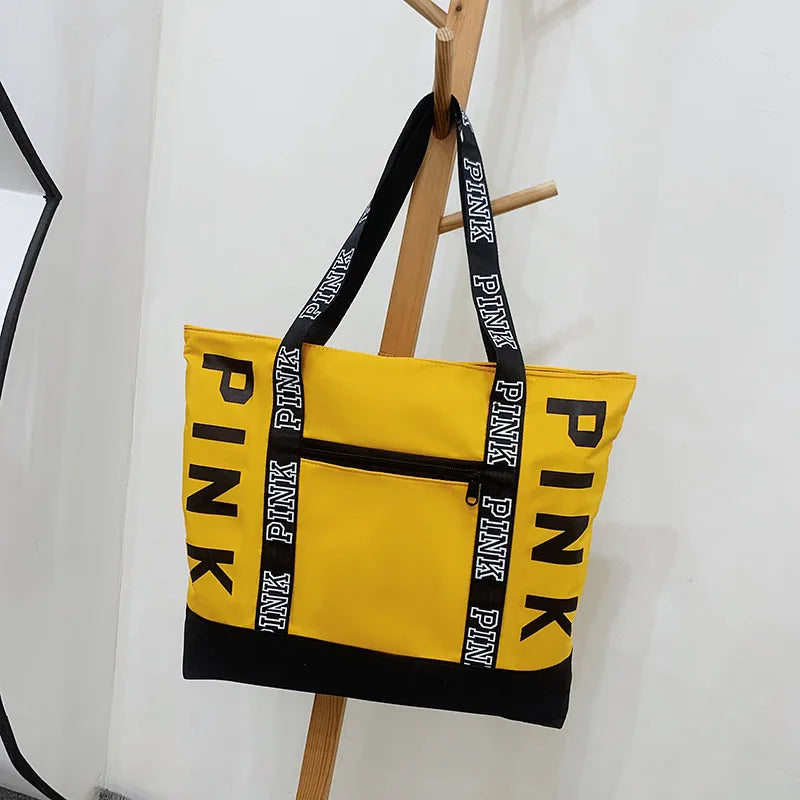 Leisure Large Capacity Tote Bag for Women Shoulder Bags in yellow and black with 'PINK' branding and zipper pocket.