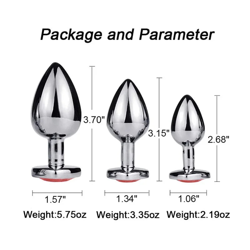 3PCS S/M/L Metal Anal Plug Butt Plug with size and weight specifications displayed.