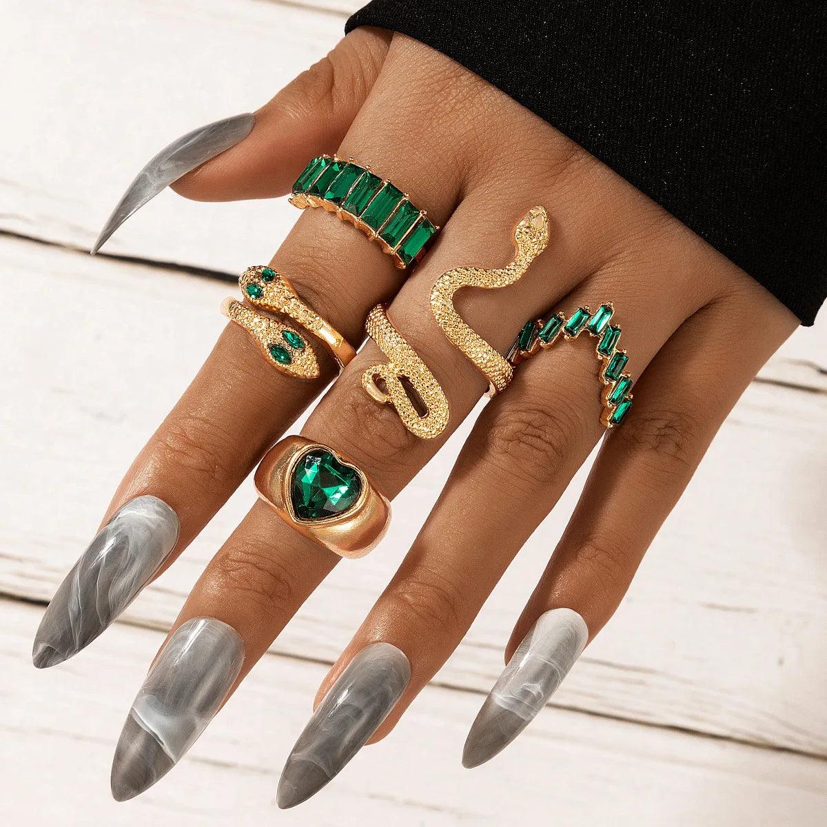 HNSP Vintage Long Snake Ring Set For Women Gothic Black Gold Silver Color Adjustable Finger Jewelry Accessories Female Gift