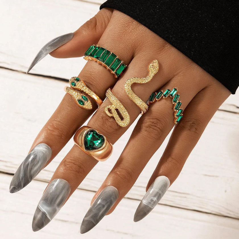 HNSP Vintage Long Snake Ring Set For Women Gothic Black Gold Silver Color Adjustable Finger Jewelry Accessories Female Gift
