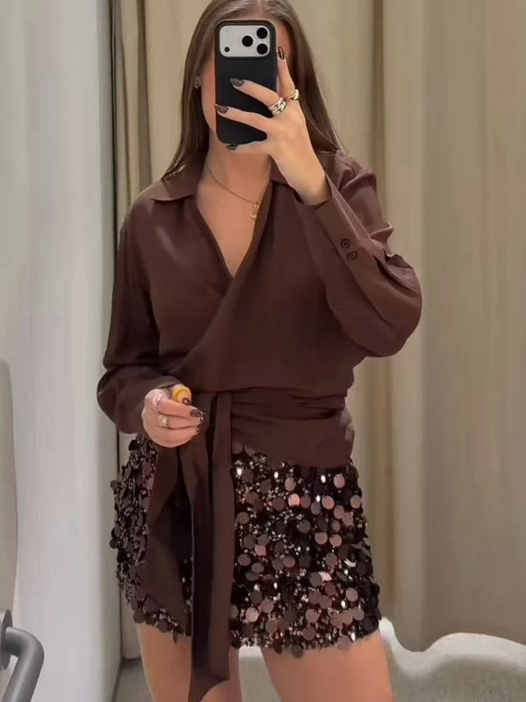  TFMLN New Women Fashion Sequined Mini Skirts Solid