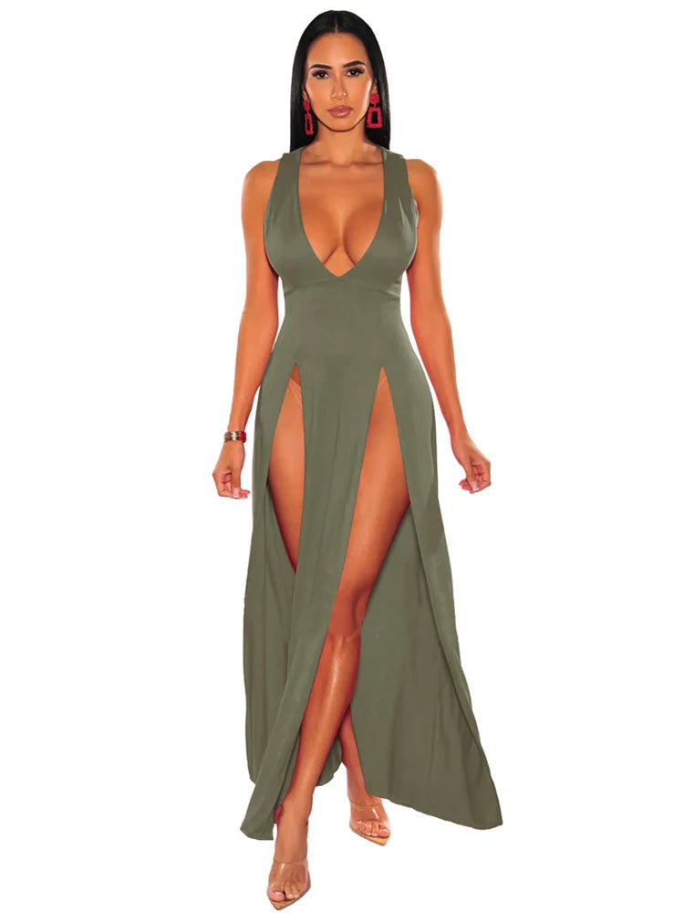 Sexy Deep V Neck High Split Bodycon Cocktail Party Maxi Dress