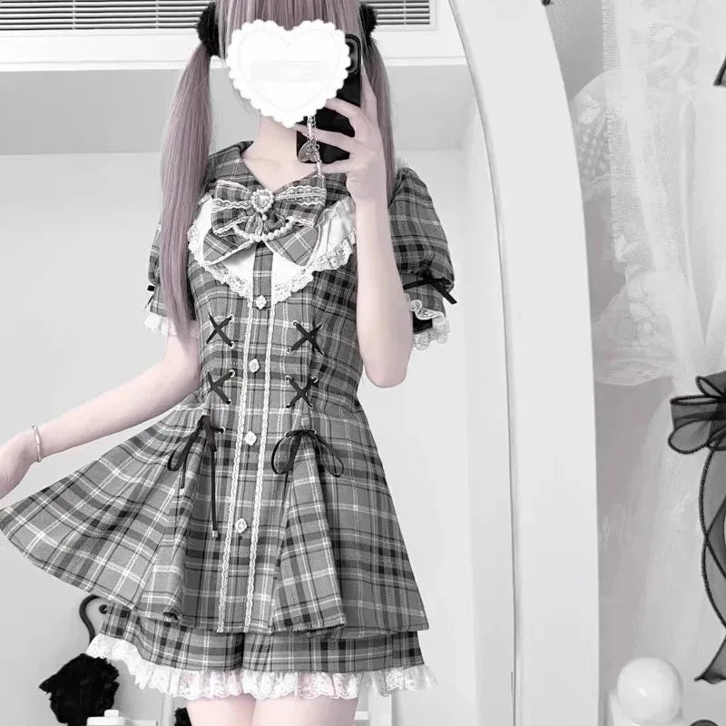 Y2k Aesthetic Lolita Style Bow Dress Shorts Set