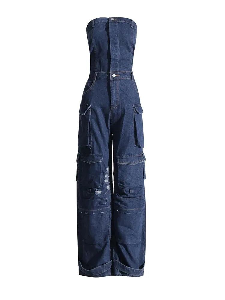 TWOTWINSTYLE Solid Patchwork Pocket Casual Denim Jumpsuits