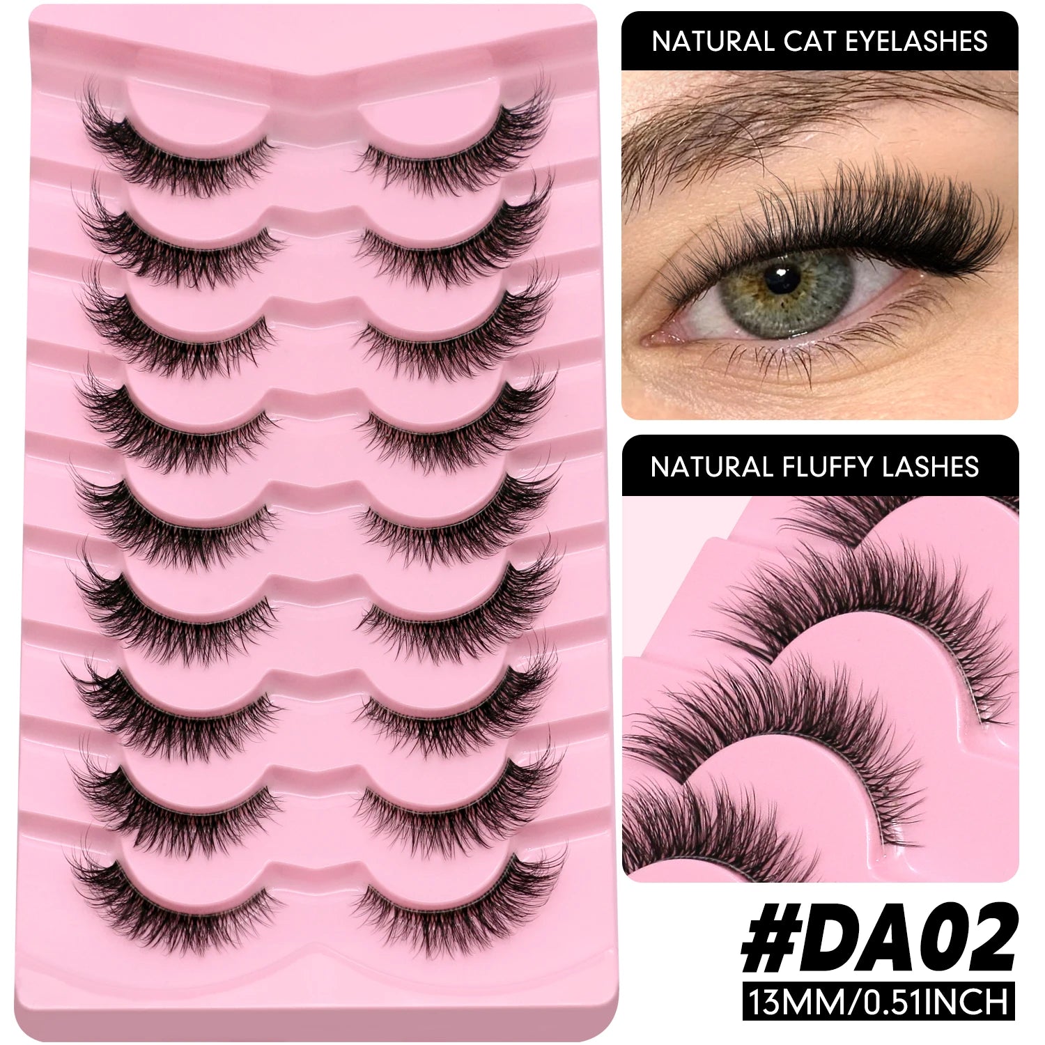 LASVIREY Fluffy Cat Eye Lashes Natural Mink displayed in a pink tray with close-up of natural fluffy lashes.