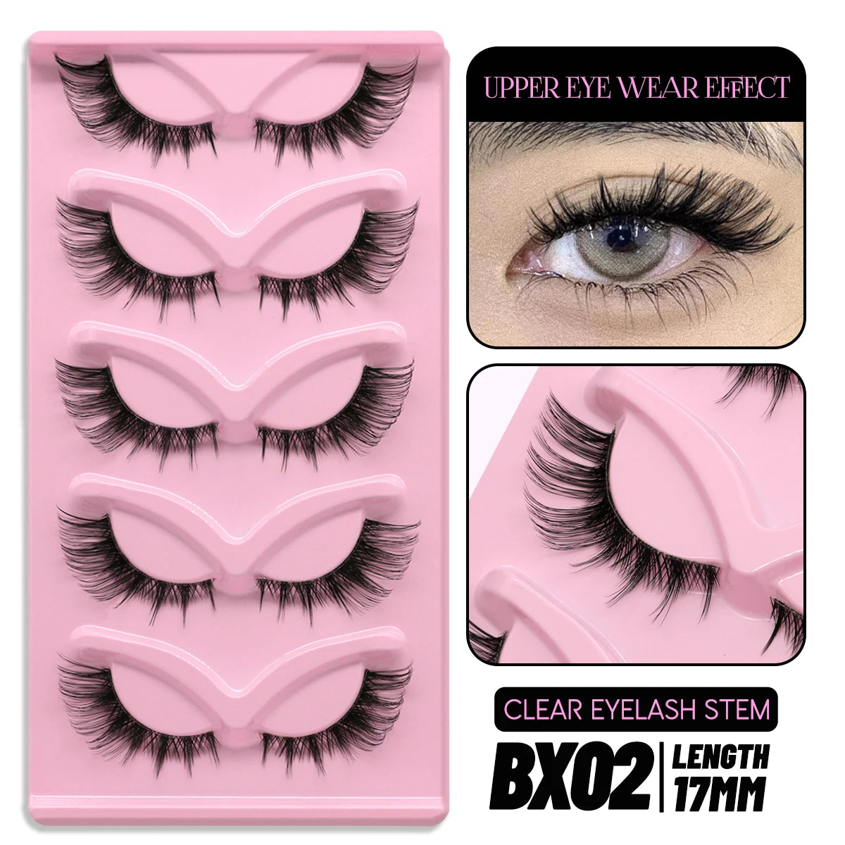 LASVIREY Fluffy Cat Eye Lashes Natural Mink displayed on pink tray with upper eye wear effect.