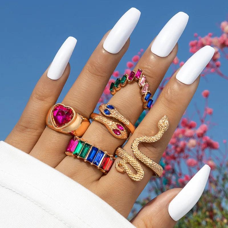 HNSP Vintage Long Snake Ring Set For Women Gothic Black Gold Silver Color Adjustable Finger Jewelry Accessories Female Gift