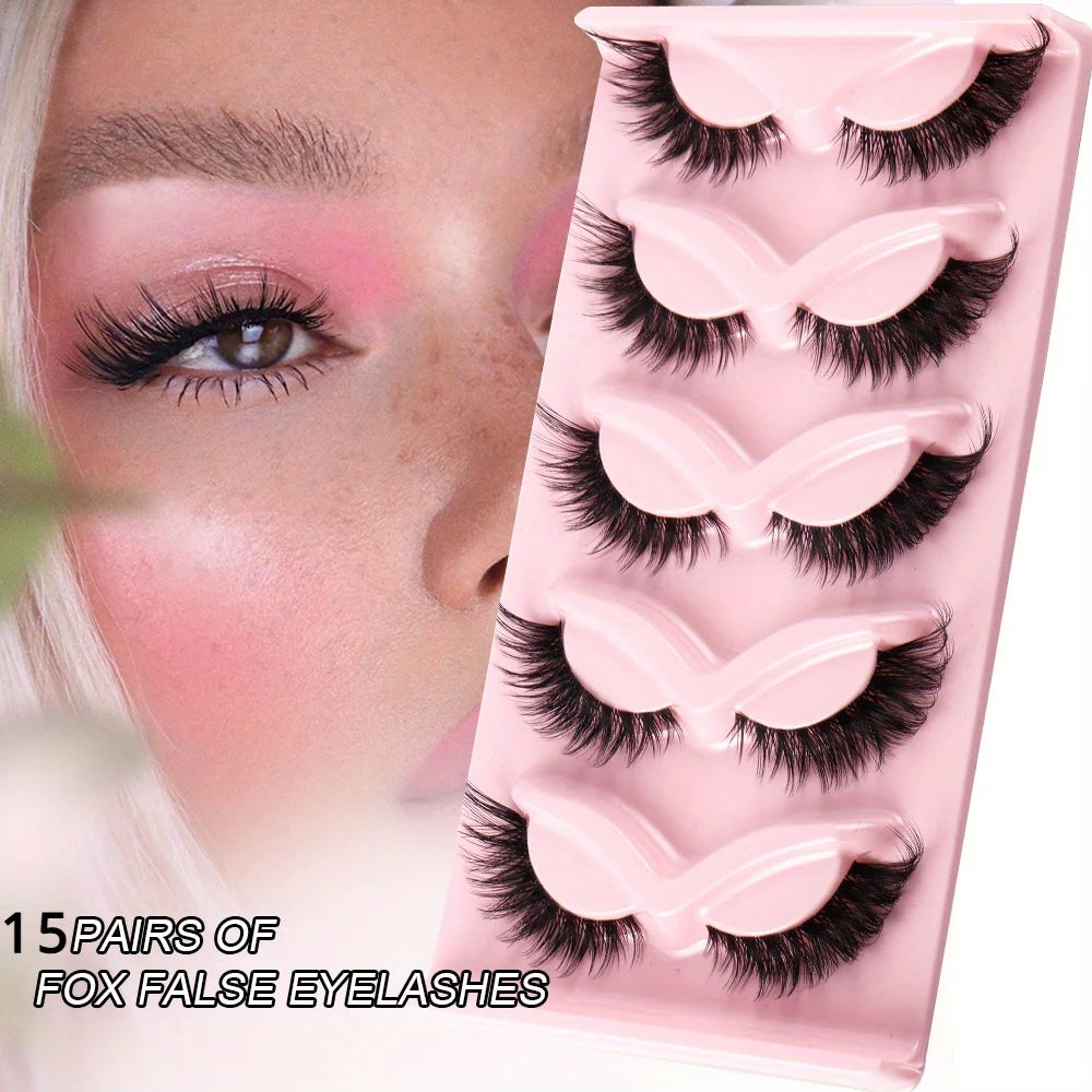 3Boxes(15Pairs) Cat Eye Lashes Fake Eyelashes displayed on a pink tray, featuring voluminous false eyelashes.