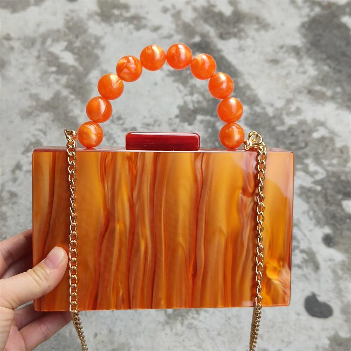 Bright Orange Marble Acrylic Box Evening Clutch Bags Women Chic And Elegant Resin Beaded Top Handle Mini Flap Purses And Handbag - IM PERKY Boutique