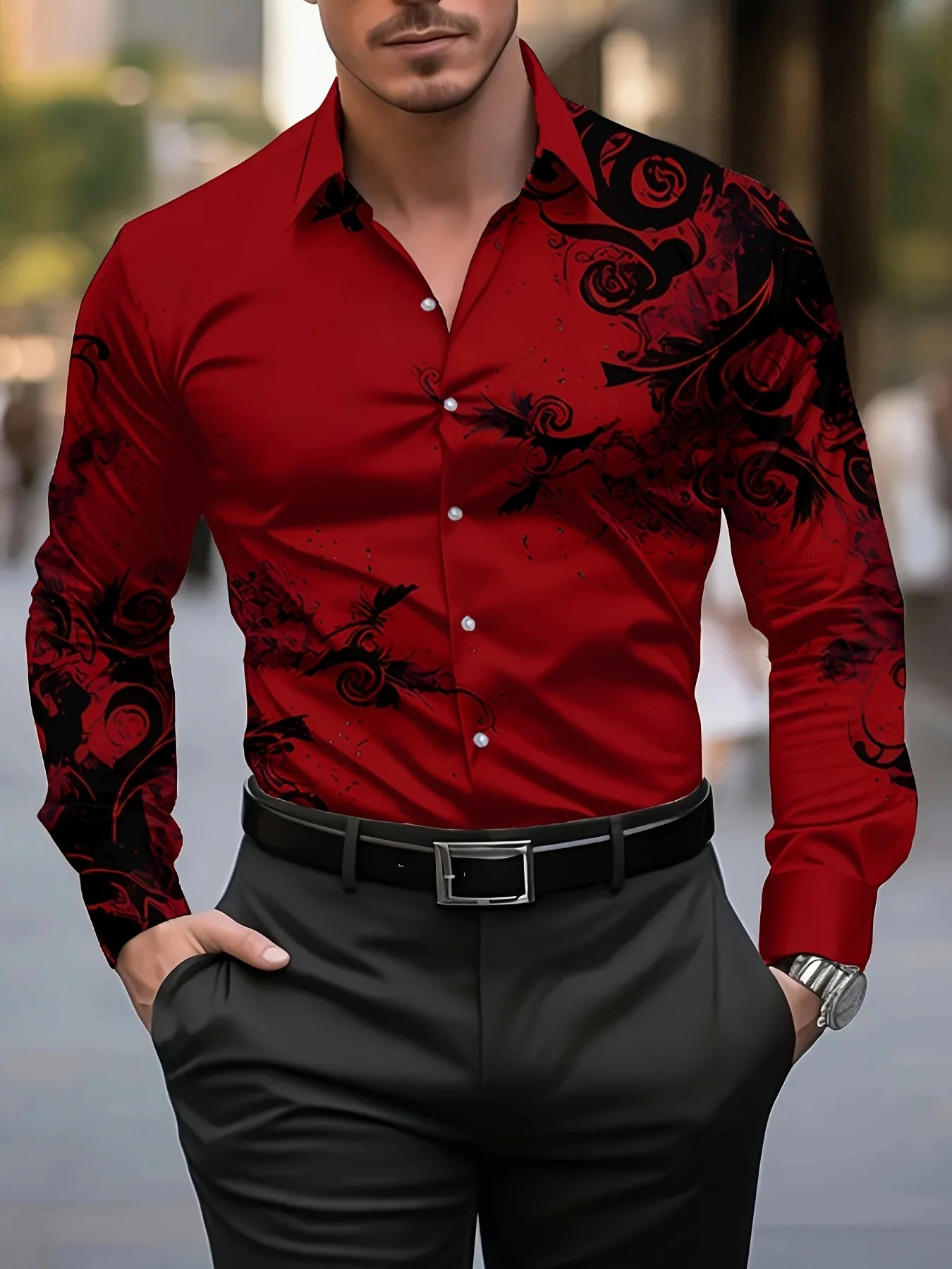 Men'S Stylish Red Floral Print Dress Shirt - Casual