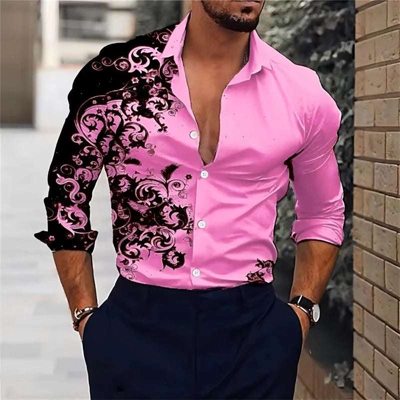 Men'S Stylish Red Floral Print Dress Shirt - Casual