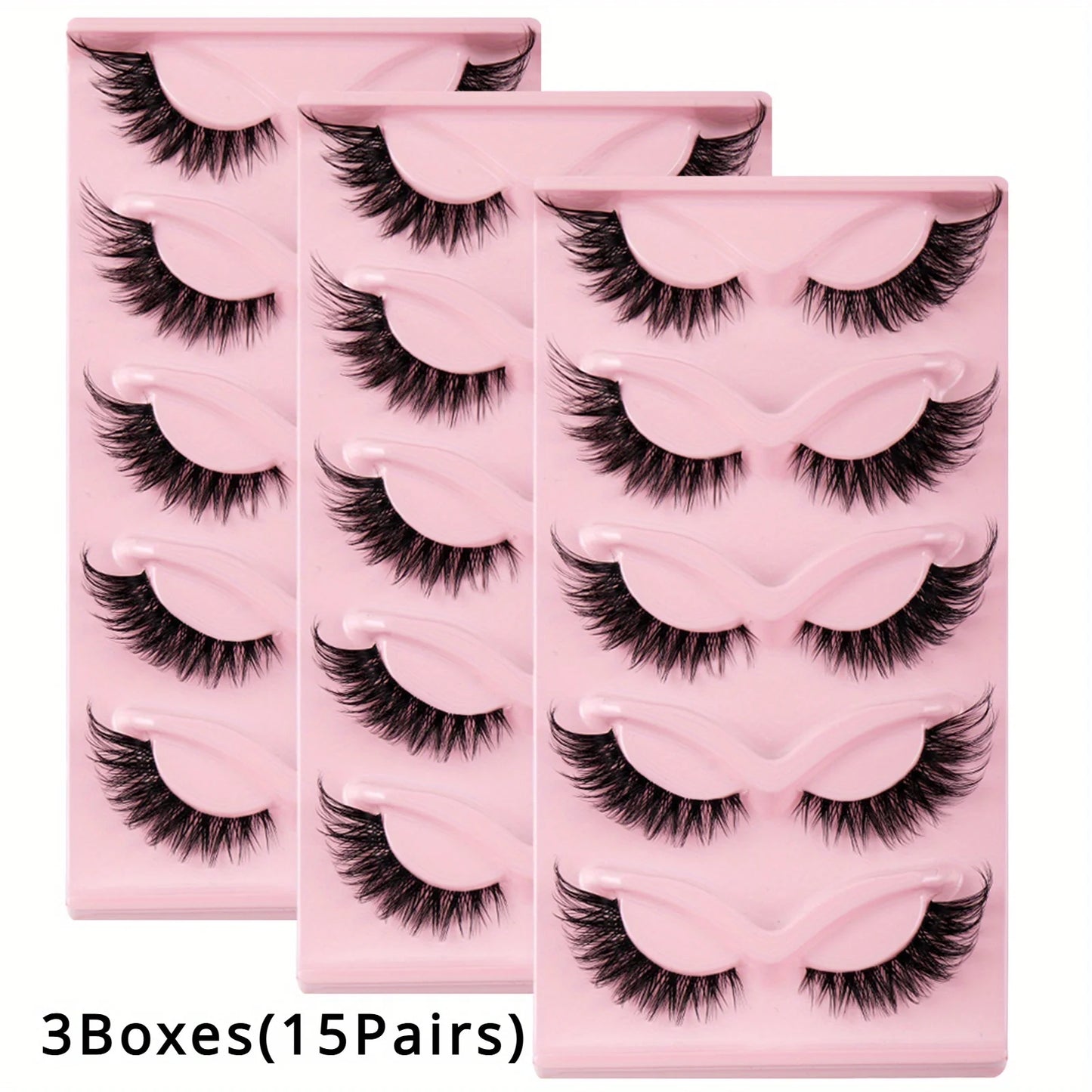 3Boxes(15Pairs) Cat Eye Lashes Fake Eyelashes displayed in pink packaging.