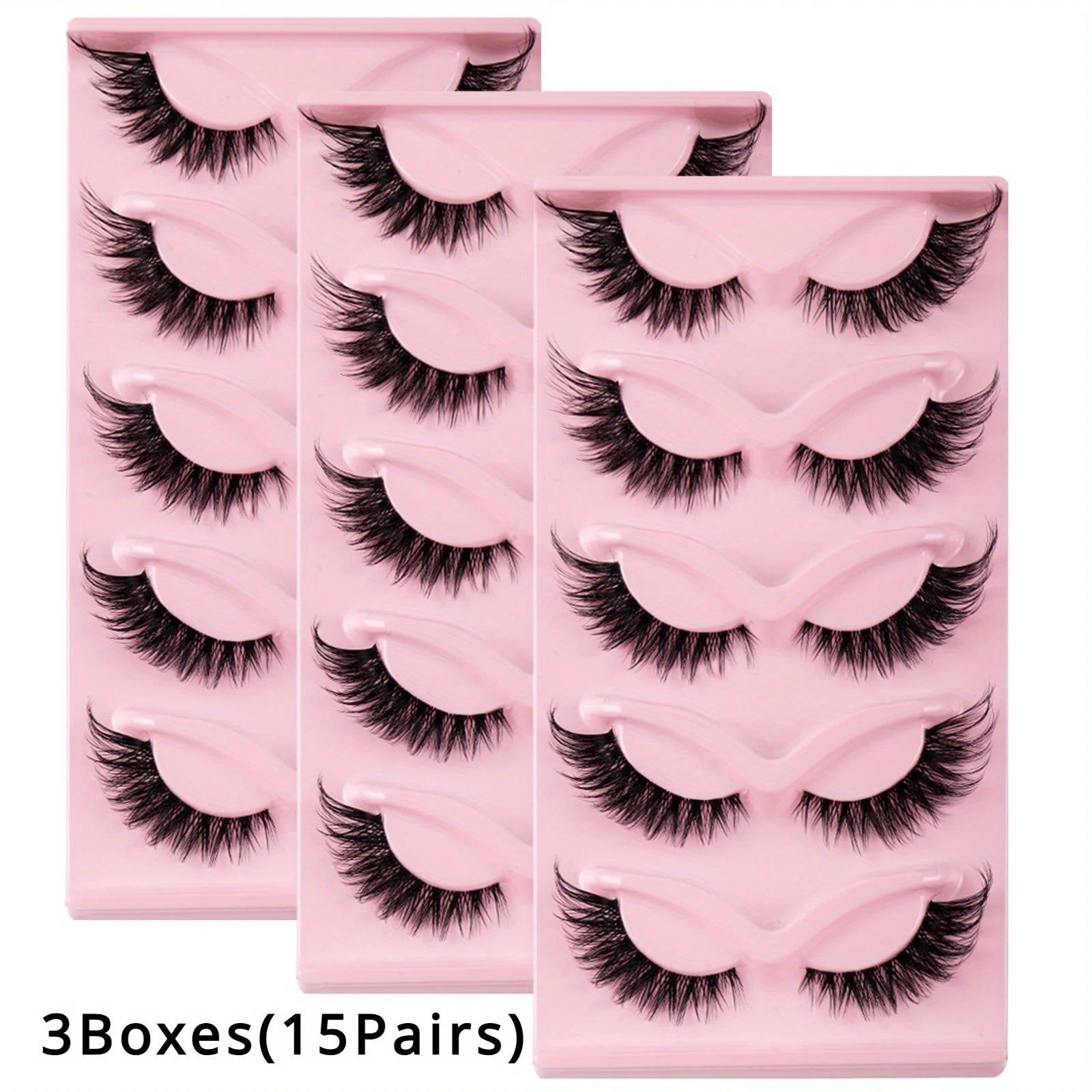 3Boxes(15Pairs) Cat Eye Lashes Fake Eyelashes displayed in pink packaging.
