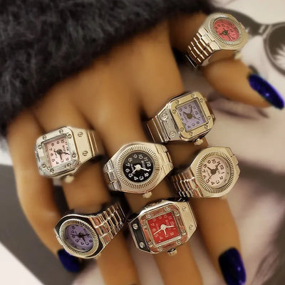 Vintage Punk Finger Watch Mini Elastic Strap Alloy Watches Couple Rings Jewelry Clock Retro Roman Quartz Watch Rings Women Men - IM PERKY Boutique