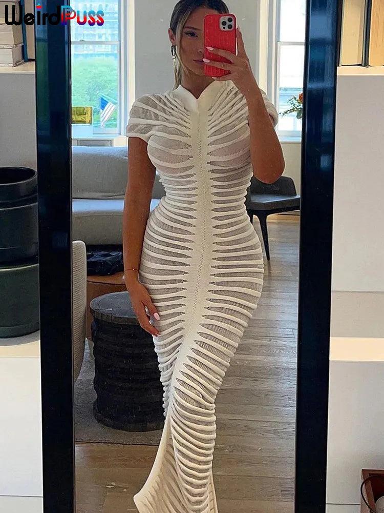 Weird Puss Knit Women Shorts Sleeve Dress Elegant Striped See Through Solid Skinny Elastic o-Neck Bodycon Vestidos Streetwear - IM PERKY Boutique