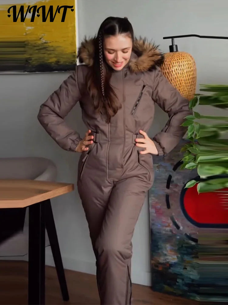 Warm Hooded Fur Splicing Ski Suit Women's