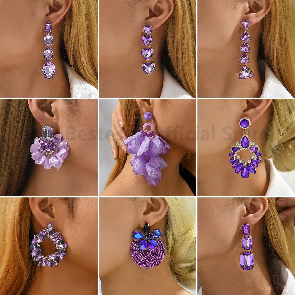 Purple Rhinestone Tassel Earrings - IM PERKY Boutique