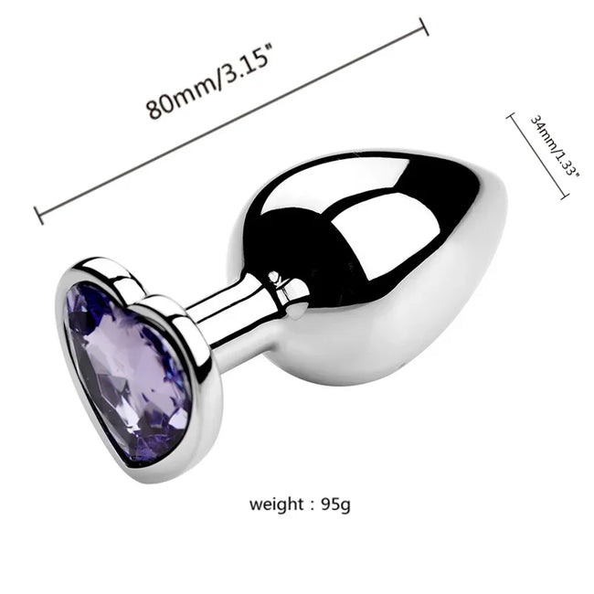 3PCS S/M/L Metal Anal Plug Butt Plug featuring a heart-shaped gemstone design and dimensions of 80mm and 34mm.