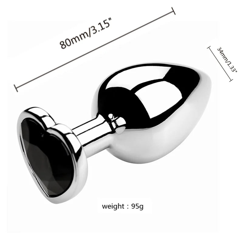 3PCS S/M/L Metal Anal Plug Butt Plug, sleek design with heart-shaped base and measurements