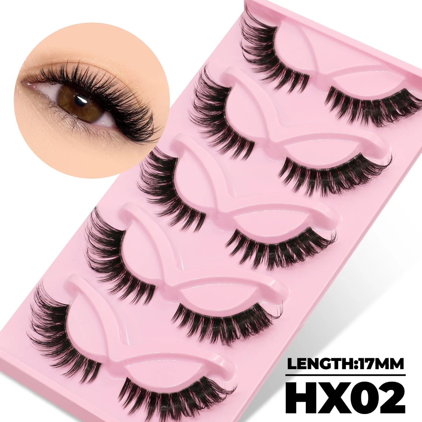 LASVIREY Fluffy Cat Eye Lashes Natural Mink displayed on a pink lash holder with eye close-up.